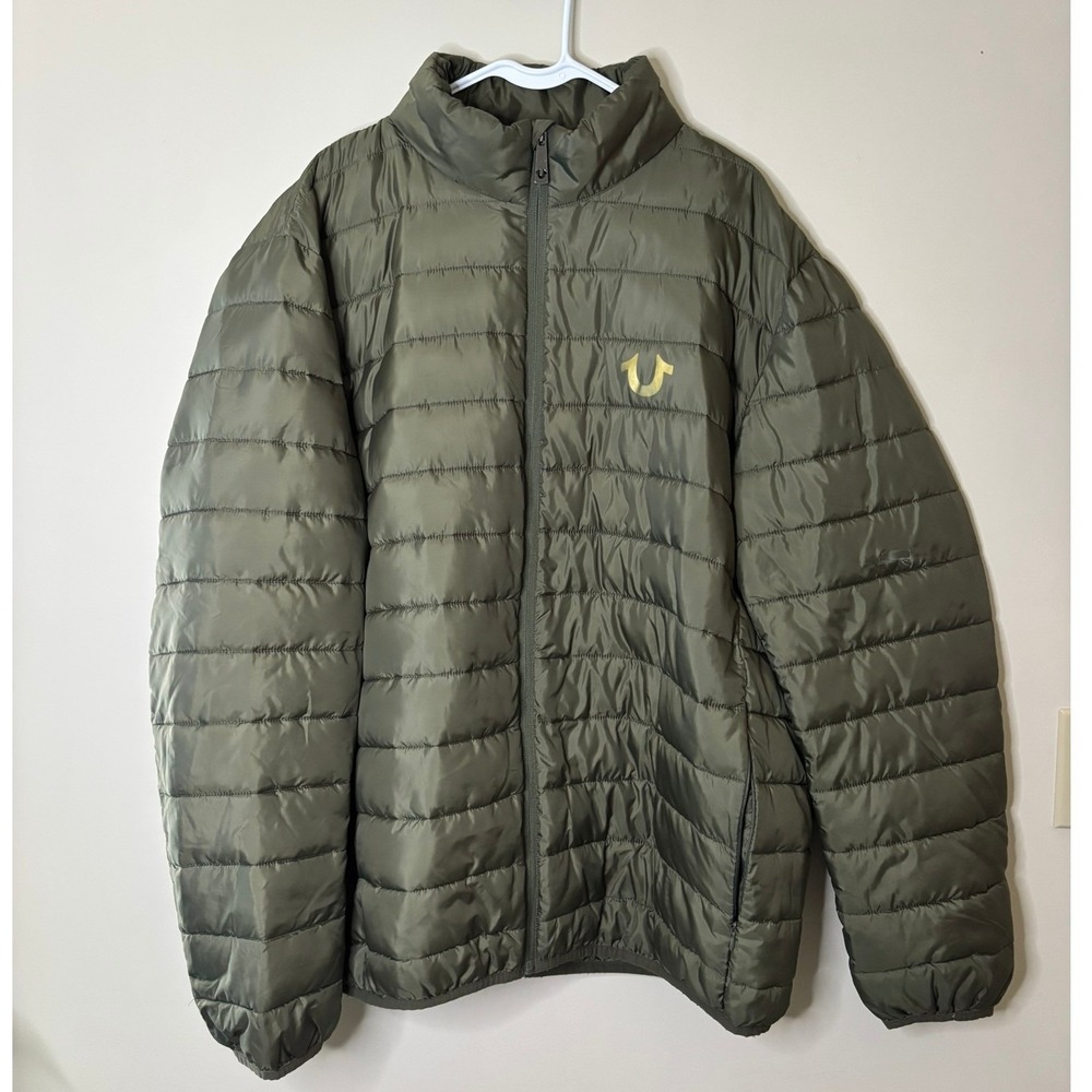True Religion Olive Green Quilted Puffer Jacket Mens Size 2X FLAW Lightweight